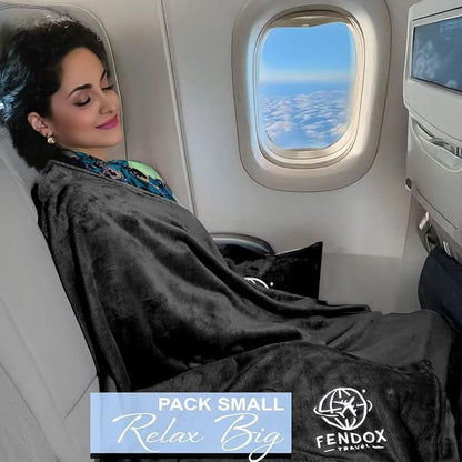 2-in-1 Travel Blanket and Pillow – Lightweight, Compact, Ultra Soft, Machine Washable – Handle, Luggage Sleeve, Backpack Clip – for Travel Airplane, Car, Office (Black)