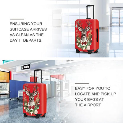 Reindeer Christmas Luggage Cover - Red Background with Wreath and Ornaments, Elegant Holiday Suitcase Protector for 28 30 Inch Travel