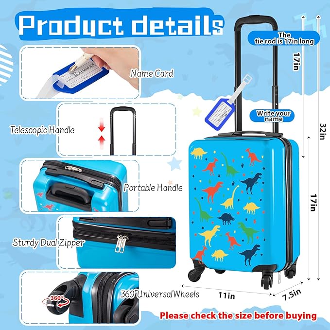 Redbaker 6 Pcs Kids Luggage Set 17 Inch Kids Rolling Luggage Double Pattern Suitcase for Girls Boys School Gift(Dark Blue,Dinosaur Style)