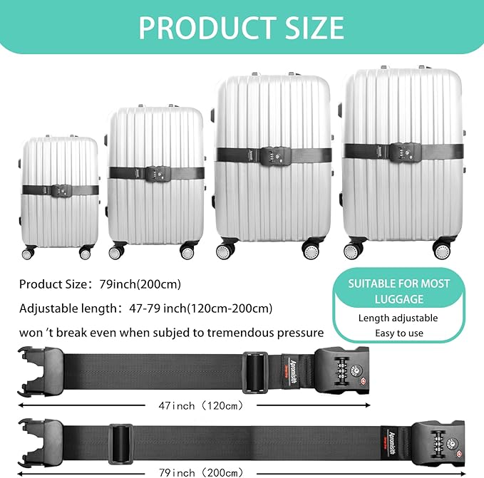 Luggage Strap Belt for 20"-32" Suitcase with TSA Approved 3-Dial Combination Lock Wide Adjustable Packing Straps Travel Accessories, Black