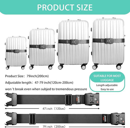 Luggage Strap Belt for 20"-32" Suitcase with TSA Approved 3-Dial Combination Lock Wide Adjustable Packing Straps Travel Accessories, Black