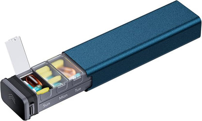 7 Day Weekly Metal Pill Organizer Travel, Kursoaya Premium Aluminum Daily Pill Box, Cute Portable Pill Case, Large Capacity Pill Holder for Supplements, Pills, Vitamins, Medicine (Matte Blue)