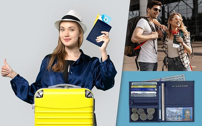 Blue RFID Genuine Leather Passport Wallet