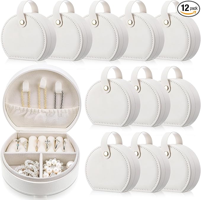 Weysat 12 Pack Travel Jewelry Case Mini Leather Bridesmaid Jewelry Gift Box Bulk Small Earring Storage Organizer (White)