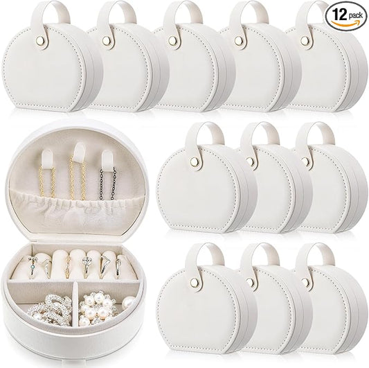 Weysat 12 Pack Travel Jewelry Case Mini Leather Bridesmaid Jewelry Gift Box Bulk Small Earring Storage Organizer (White)