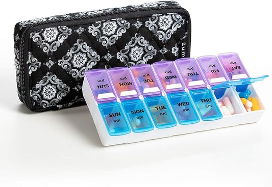 Weekly 7 Day Pill Organizer Case 2 Times a Day (AM/PM), Large Portable Pill Box 7 Day for Vitamin Medicine, Pill Case with Quilted Fabric Zipper Cute Bag for Travel or Daily