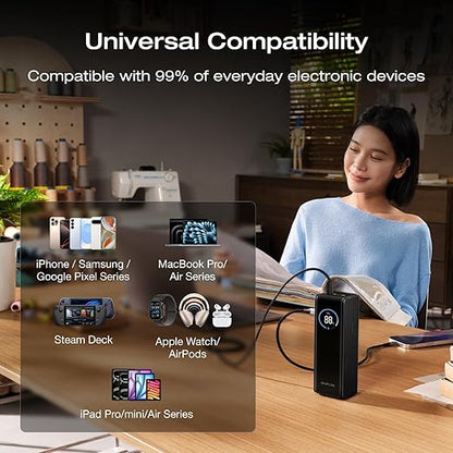 EF ECOFLOW Rapid Power Bank 25,000mAh, 170W Portable Charger with Dual 140W USB-C Ports for Multi-Device Charging, Smart TFT Screen, Compatible with iPhone 17/16/15/14, Samsung, Laptop (Black)