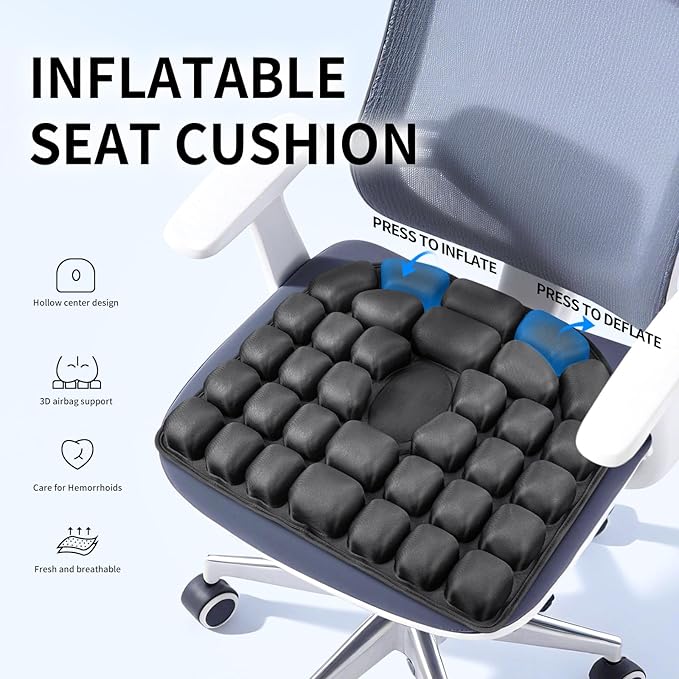 Travel Seat Cushion for Airplane - INFLATE/Deflate Built in Pump Inflatable Seat Cushion for Office Chairs, Wheelchairs, Car Seats & Outdoor Cushions 17.7x15.7 inches (Black)