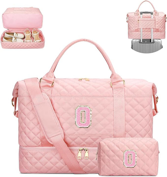 Gifts for Friend Women Girls Birthday Christmas Initial Travel Duffle Bag Quilted Weekender Bags Carry-On Overnight with Cosmetic Bag, Gym Bag with Shoe Compartment, Pink-O