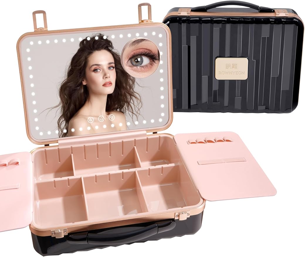 ROWNYEON Travel Makeup Case With Light Up Mirror Removable divider Portable Train Case Organizer Makeup Box for Girls Makeup Artist, Hairstylist Travel Makeup Case with 10x Mirror (Black)