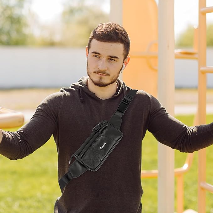 Leather Fanny Pack for Men Women,Genuine Leather Waist Belt Bag with Adjustable Strap Belt Hip Bag with Multi-Pockets for Travel Sports Running Cycling Hiking(Black)