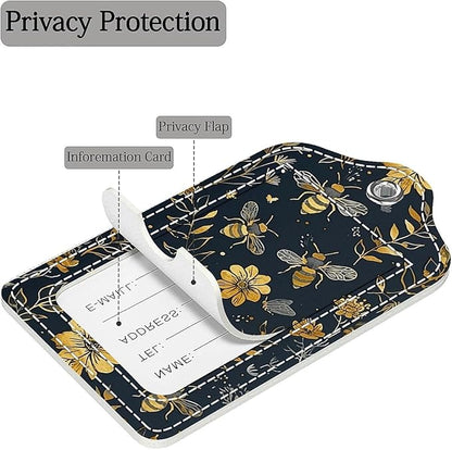 Funny PU Leather Luggage Tags 2-Pack Suitable for Suitcase Stainless Steel Loop and Address Card Essential with Cruise and Airport Travel Vintage Yellow Bee Floral Cute Pattern