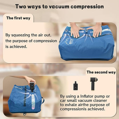ONTYZZ Travel Vacuum Compression Bags Space Saver Vacuum Bags Reusable Compression Bag with IP67 Waterproof Zipper for Travel Suitcases and Backpack,Two Pack Blue（NO PUMP!）