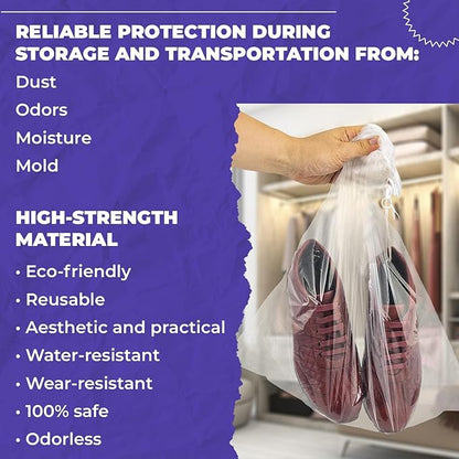 Clear Drawstring Travel Bag for Shoes. Waterproof Dust Bags for Shoes with Double Cotton Drawstrings. 2 mil PE Plastic Drawstring Bags for Packing, Storage