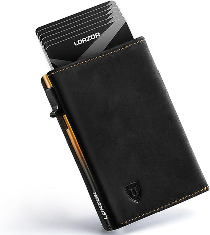 LORZOR Minimalist Wallet for Men with Credit Card Holder, Finest Full Grain Leather, Pop up Smart Wallet, Trifold Slim Wallet, RFID Blocking, Front Pocket, ID Window (Black/Yellow Black)