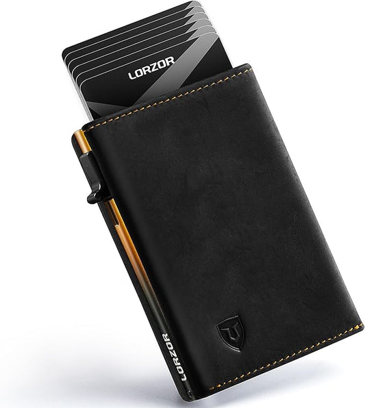 LORZOR Minimalist Wallet for Men with Credit Card Holder, Finest Full Grain Leather, Pop up Smart Wallet, Trifold Slim Wallet, RFID Blocking, Front Pocket, ID Window (Black/Yellow Black)