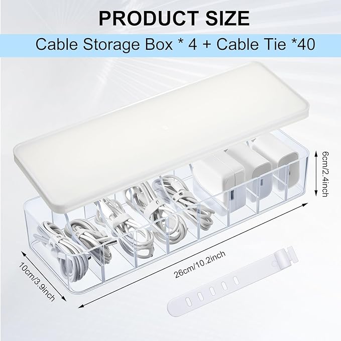 Tatuo 4 Pcs Cable Organizer Box with Wire Ties, Plastic Cord Storage Box with Lid, Electronics Organizer for Home Office Desk Organizers and Accessories (Clear,White)