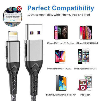 iPhone Charger, [Apple MFi Certified] 3Pack 6FT USB A Cable for Long Charger Cable, Fast iPhone Charging Cord Compatible with with iPhone Xs Max/XS/XR/X/8/7/6S/6/Plus/SE/iPad(Silver)