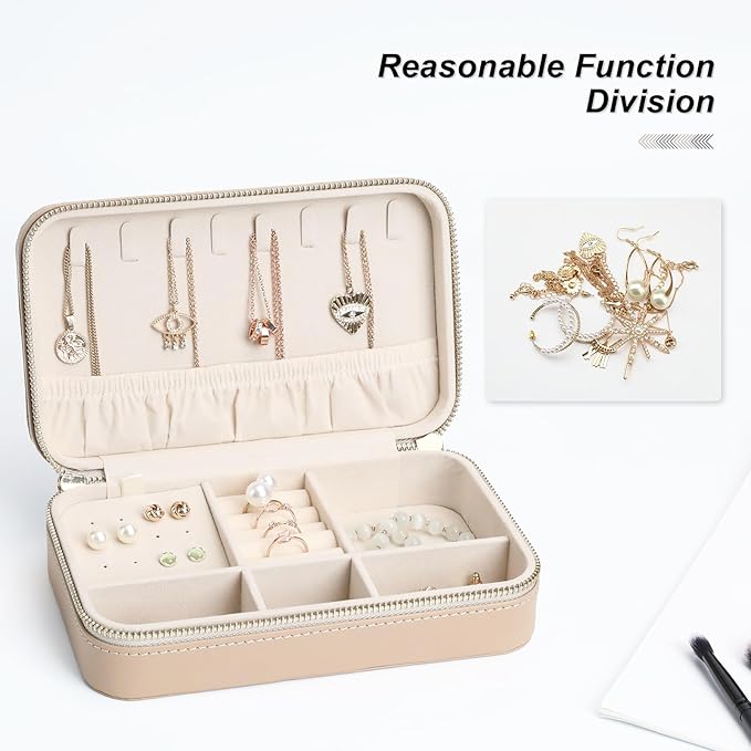 Leather Jewelry Box Elegant Small Jewelry Case for Women Gift Box for Necklace, Ring, Earring Storage Portable Design for Travel & Home Use Apricot