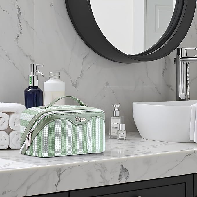 BOYATU Travel Makeup Bag for Women: Large Cosmetic Bag Set of 3 - PU Leather Make up Bag with Compartments - Compact Waterproof Toiletry Bag with Divider & Handle (B-3-Green)