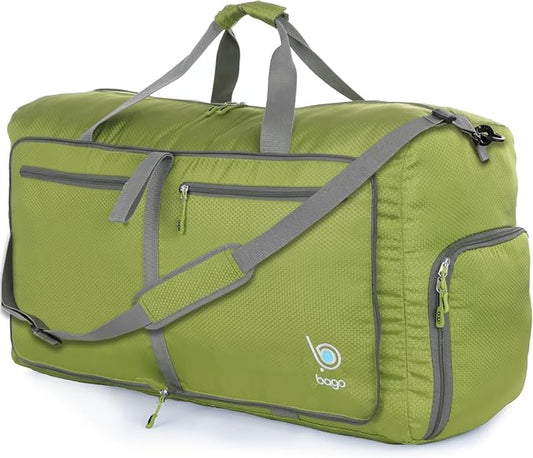 Bago Foldable Duffel Bags for Traveling Women & Men - 60L Medium Packable Duffle Bag for Travel with Shoe Compartment - Water Repellant, Heavy Duty, Lightweight Folding & Collapsible (Green)