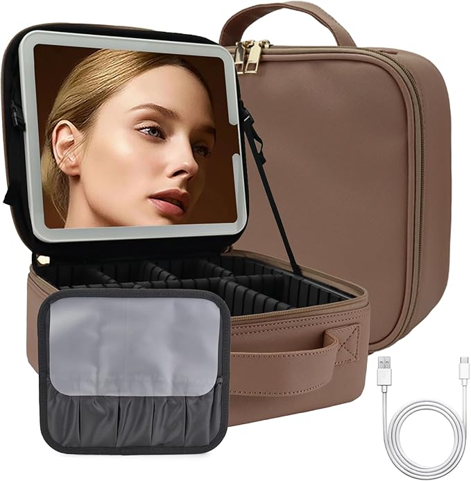 Travel Makeup Bag with LED Lighted Mirror, Travel Makeup Organizer,3 Color Setting Cosmetic Makeup Box, Adjustable Dividers and Brush Holder（Mocha）