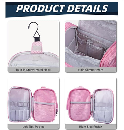 Buruis Large Toiletry Bag for Women and Men, Hanging Travel Bag for Makeup, Cosmetics, Shaving, Toiletries, Water-Resistant Dopp Kit for Gym, Camping, or Daily Use, Pink