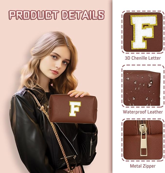 TOPEAST Preppy Stuff for Girls, Initial Makeup Bag Chenille Letter Pouch Cosmetic Bag with Zipper, PU Leather Waterproof Toiletry Bag, Cute Stuff Birthday Gift for Friends Sister (Brown T)