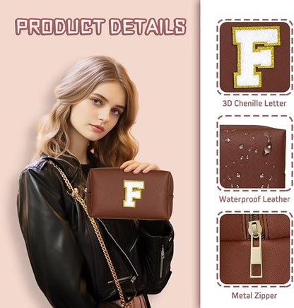TOPEAST Preppy Stuff for Girls, Initial Makeup Bag Chenille Letter Pouch Cosmetic Bag with Zipper, PU Leather Waterproof Toiletry Bag, Cute Stuff Birthday Gift for Friends Sister (Brown T)