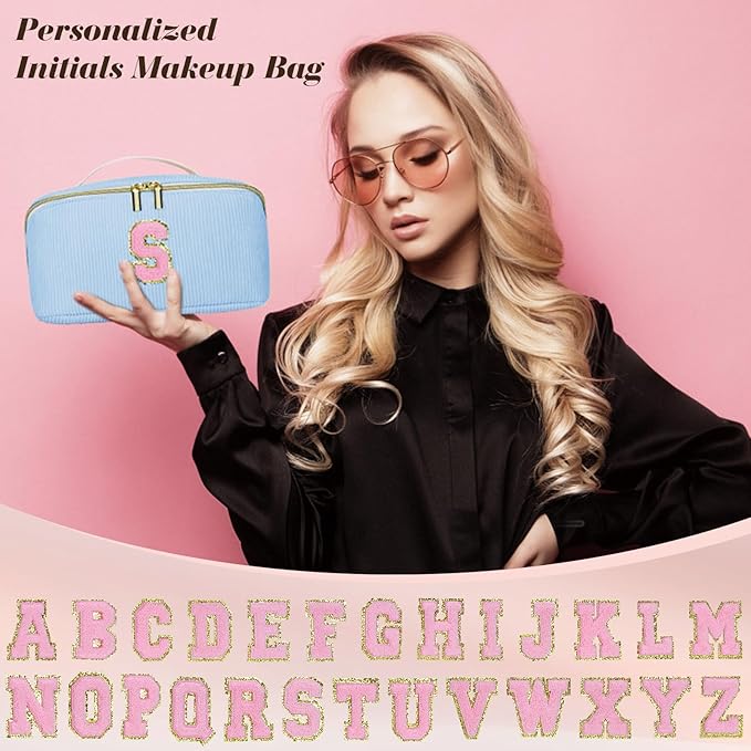 Personalized Initial Makeup Bag,Christmas Gifts for Girl,Preppy Bag Cosmetic Travel Bag Women,Travel Toiletry Organizer,Large Capacity Corduroy Stuff Bag,Cute Cosmetic Pouch Skincare Bag-T