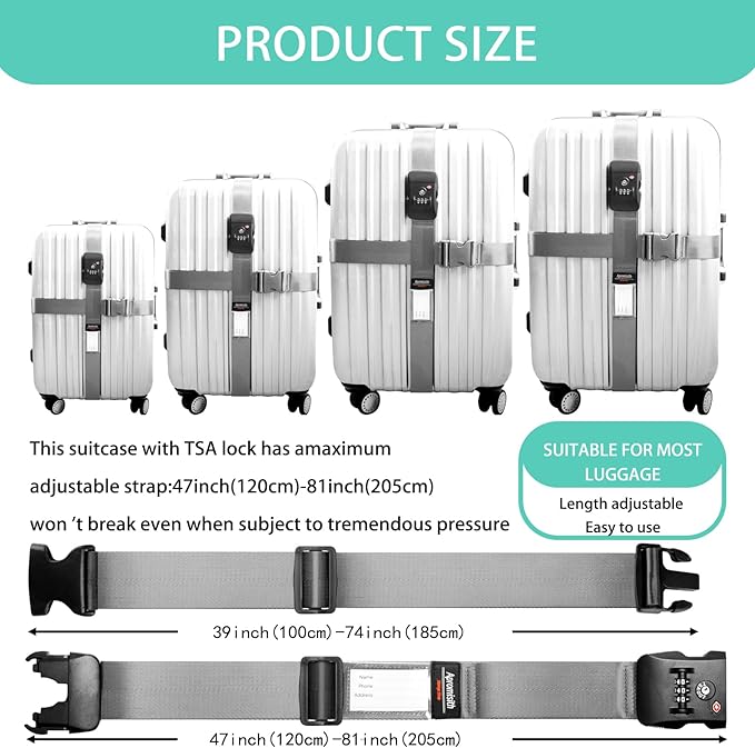 Cross Luggage Strap Belt for 20"-32" Suitcase with TSA Approved 3-Dial Combination Lock Wide Adjustable Packing Straps Travel Accessories, Grey