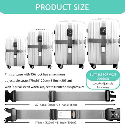 Cross Luggage Strap Belt for 20"-32" Suitcase with TSA Approved 3-Dial Combination Lock Wide Adjustable Packing Straps Travel Accessories, Grey