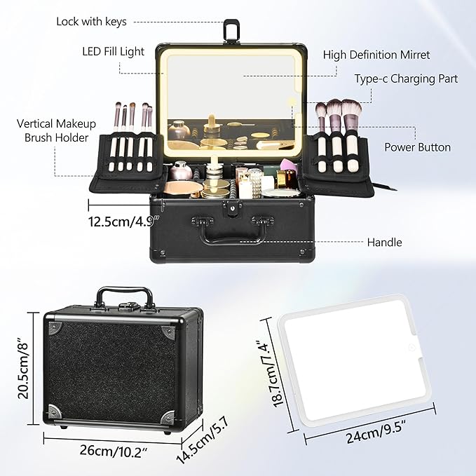 Makeup Case with Lighted Mirror, Makeup Box Organizer with Detachable LED Mirror, Travel Makeup Train Case, Waterproof Cosmetic Organizer, Standing Makeup Brush Holder, Gift, Black
