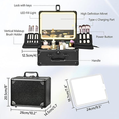 Makeup Case with Lighted Mirror, Makeup Box Organizer with Detachable LED Mirror, Travel Makeup Train Case, Waterproof Cosmetic Organizer, Standing Makeup Brush Holder, Gift, Black