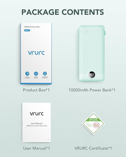 VRURC Portable Charger Built-in Cables and AC Wall Plug, USB C Power Bank 10000mAh, Travel Battery Portable Phone Charger Compact Lightweight External Battery Pack for Smart Phones, Tablets etc-Green