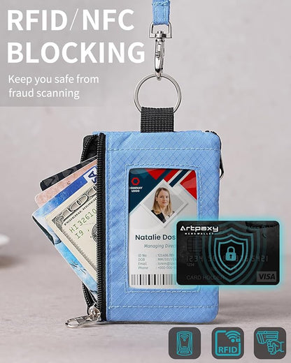 Minimalist Wallet For Mens Womens, Keychain RFID Blocking Zipper Small Wallet with ID Window 2 Lanyards,Water Resistant Travel Cash Card Coin Case Boys Girls