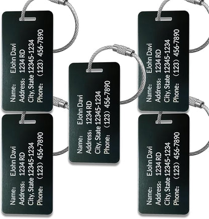 (5pack Made in USA) Personalized Luggage Tags-Custom Metal Luggage Tags for Suitcases, Backpacks Bags Handbags (Black (3.8×2))
