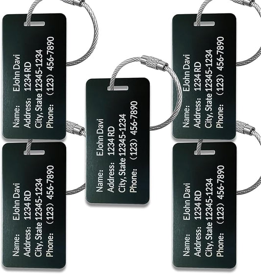 (5pack Made in USA) Personalized Luggage Tags-Custom Metal Luggage Tags for Suitcases, Backpacks Bags Handbags (Black (3.8×2))