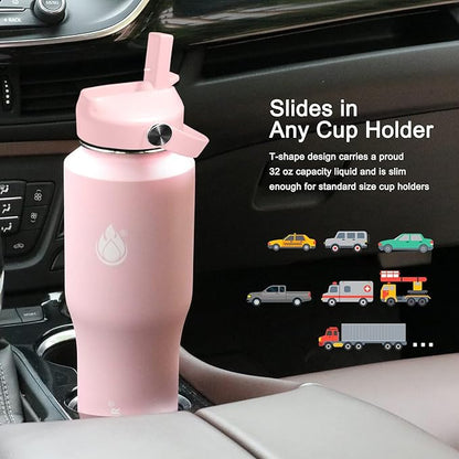 SENDESTAR 32oz Water Bottle Wide Mouth Stainless Steel Vacuum Insulated Double Wall with Straw Lids Fit in Any Car Cup Holder,Peach