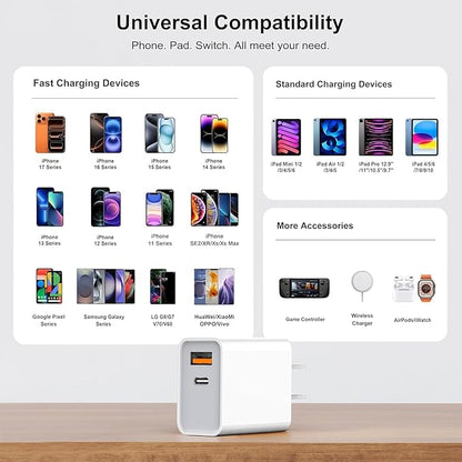 iPhone 15 16 17 Pro Max Charger, Upgraded Certified 3-Pack 20W Durable Dual Port PD Block Fast USB-C Wall Charger for iPhone14/15/16/17/Pro Max, XS/XR/X, iPad Pro, AirPods Pro, Samsung