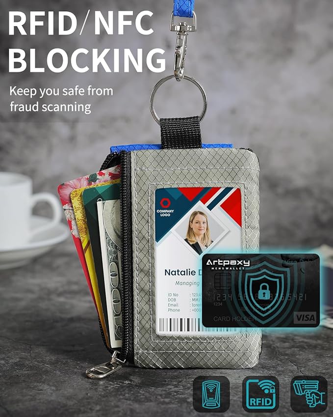 Minimalist Wallet For Mens Womens, Keychain RFID Blocking Zipper Small Wallet with ID Window 2 Lanyards,Water Resistant Travel Cash Card Coin Case Boys Girls