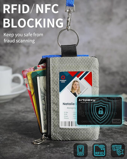 Minimalist Wallet For Mens Womens, Keychain RFID Blocking Zipper Small Wallet with ID Window 2 Lanyards,Water Resistant Travel Cash Card Coin Case Boys Girls