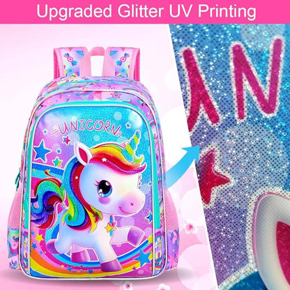 WZLVO 3PCS Kids Backpack for Girls, 16'' Girls Unicorn Backpacks with Lunch Box, Cute Animal Water Resistant School Bag Set for Elementary Kindergarten Toddler