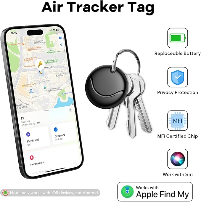 Air Tracker Tags-4 Pack Black, Bluetooth Tracker Works with Apple Find My (iOS Only), Smart Tag with Lanyard, Item Finder for Luggage, Key, Suitcases, Replaceable Battery, IP67 Waterproof Tracking Tag