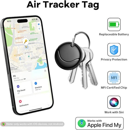 Air Tracker Tags-4 Pack Black, Bluetooth Tracker Works with Apple Find My (iOS Only), Smart Tag with Lanyard, Item Finder for Luggage, Key, Suitcases, Replaceable Battery, IP67 Waterproof Tracking Tag