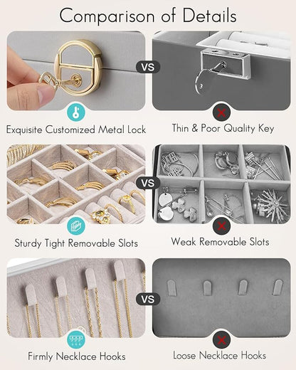 Vlando 2 Layer Jewelry Box,Jewelry Organizer Storage Lockable Earring Organizer Removable Jewelry Tray with Watch Pillow for Neckable Ring Bracelets-Grey