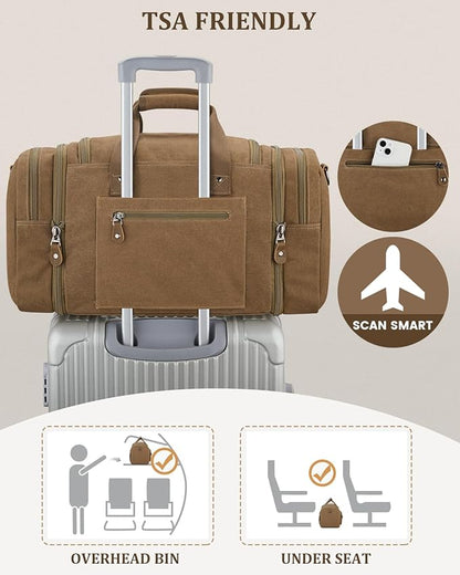 Gonex Canvas Duffle Bag for Travel, Expandable Water Resistant 50L Carry on Duffel Overnight Weekender Gym Bag with Wet Dry Separation Pocket & Suitcase Handle Sleeve,Coffee
