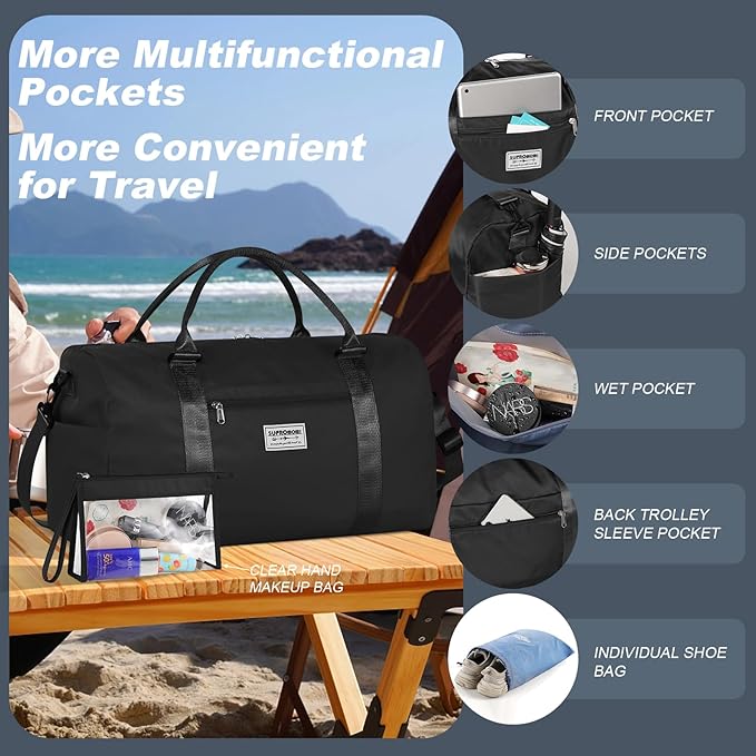Large Travel Duffel and Small Shoulder Bag, Sports Tote Gym Yoga Airplane Carry-on Bag,Shoe with Clear Cosmeticp Bag,Outdoor Camping Overnight for Men and Women, Black