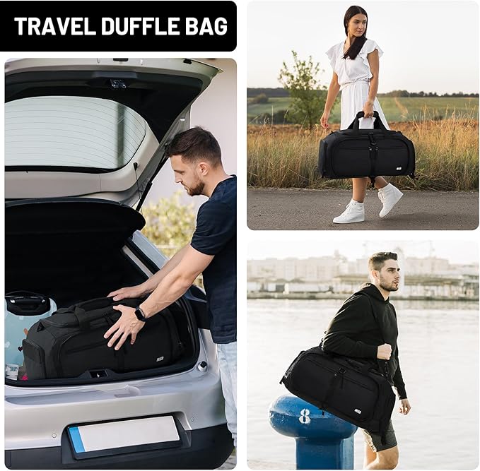 MIER Foldable Duffle Bag with Shoe Compartment 50L Travel Duffel Bags for Men Women Packable Overnight Bag for Camping Gym Weekender, Black