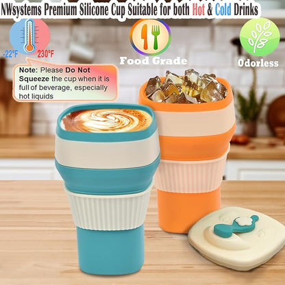 Collapsible Silicone Cup, Safe & Portable, for Hot & Cold Drinks, 18.6 oz (550 ml) - Travel, Camping, Office, and More – Turquoise Blue